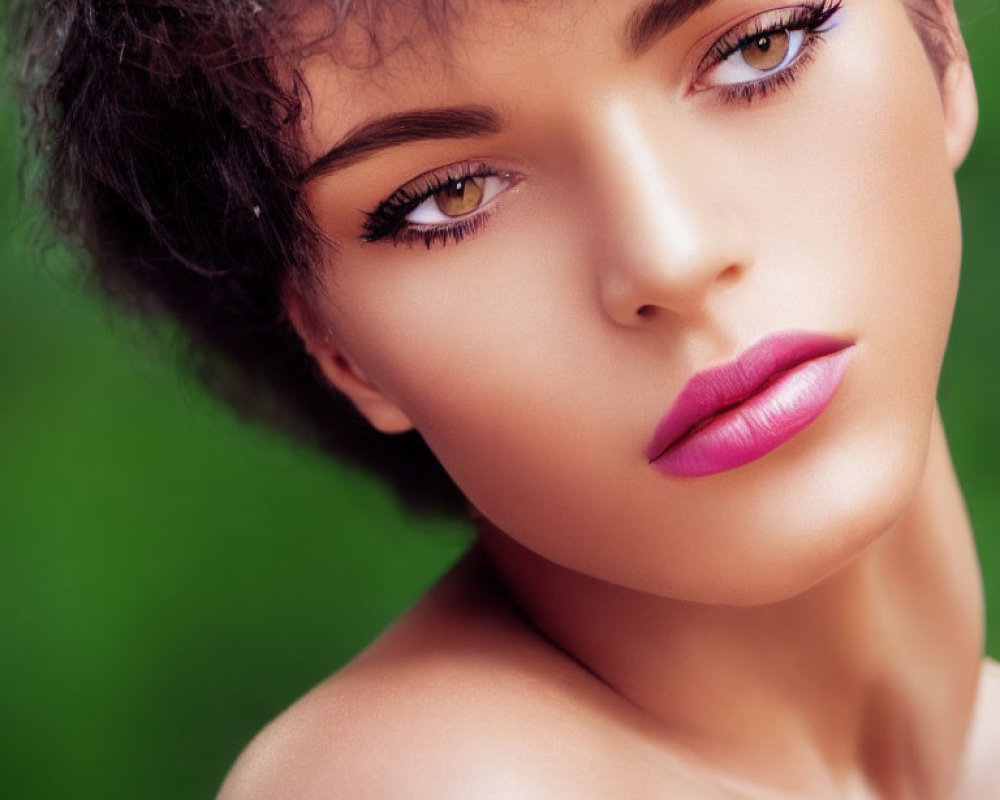 Portrait of woman with short hair and bold makeup on green backdrop