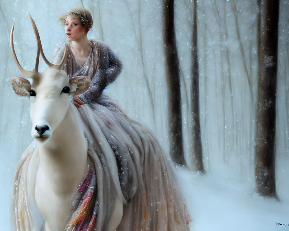 Woman in ornate gown riding white stag in snowy forest