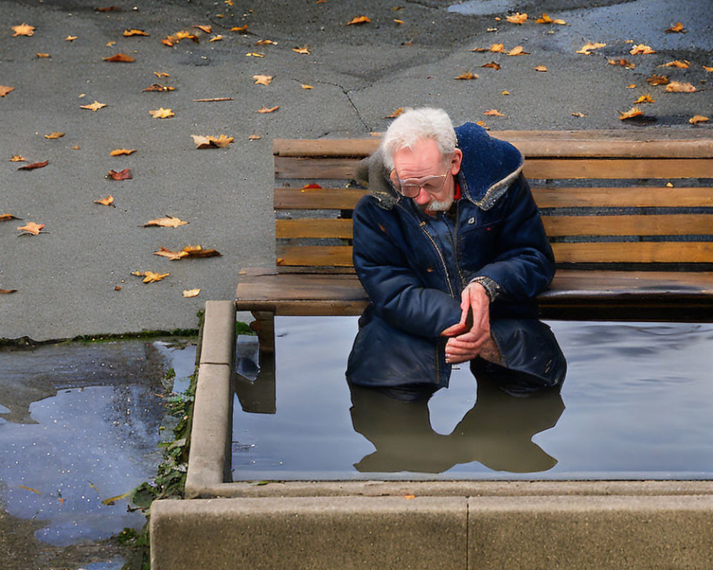 Elderly man in blue jacket reflects in flooded bench scene