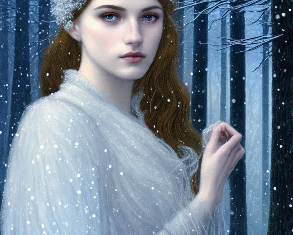 Pale-skinned woman with brown hair in snowy forest portrait.