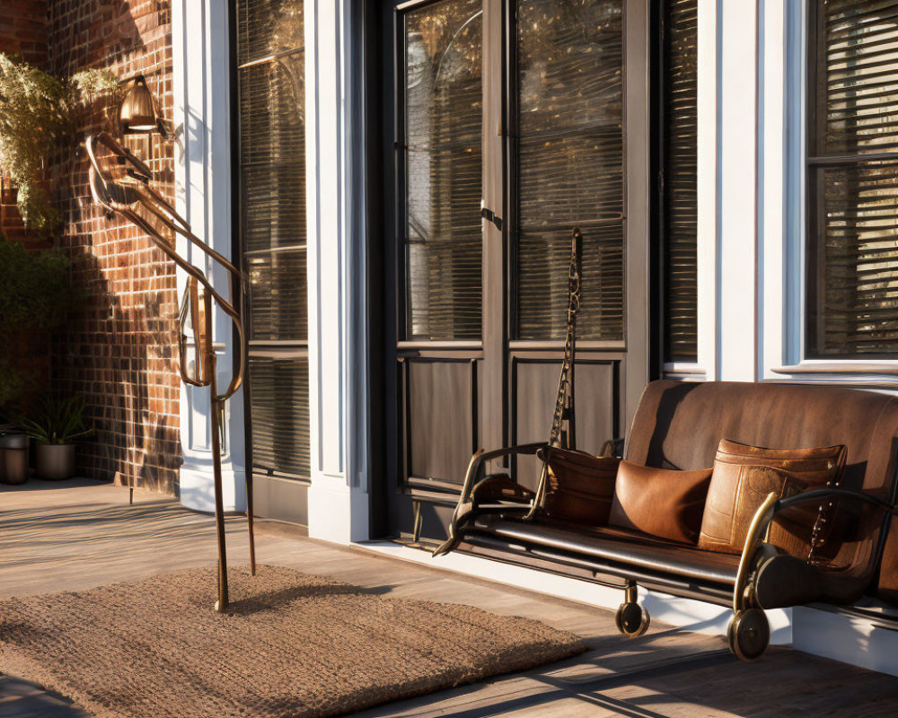 Sunlit Porch with Swinging Bench, Cushions, Rug, Brick Walls, and Large Windows