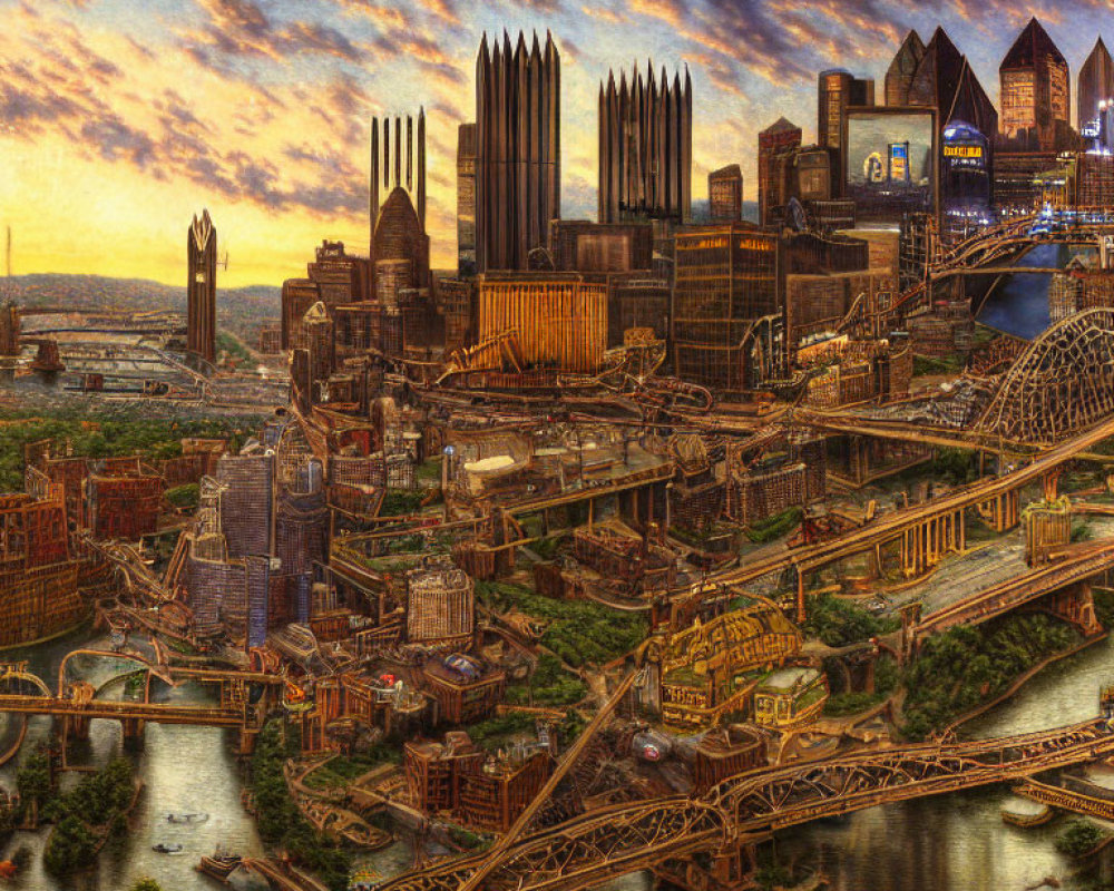 Detailed painting of industrial city with bridges, rivers, skyscrapers under dramatic sunset.