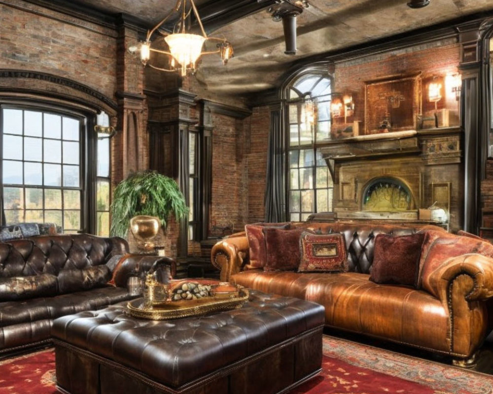 Elegant Vintage Room with Leather Sofas and Chandelier