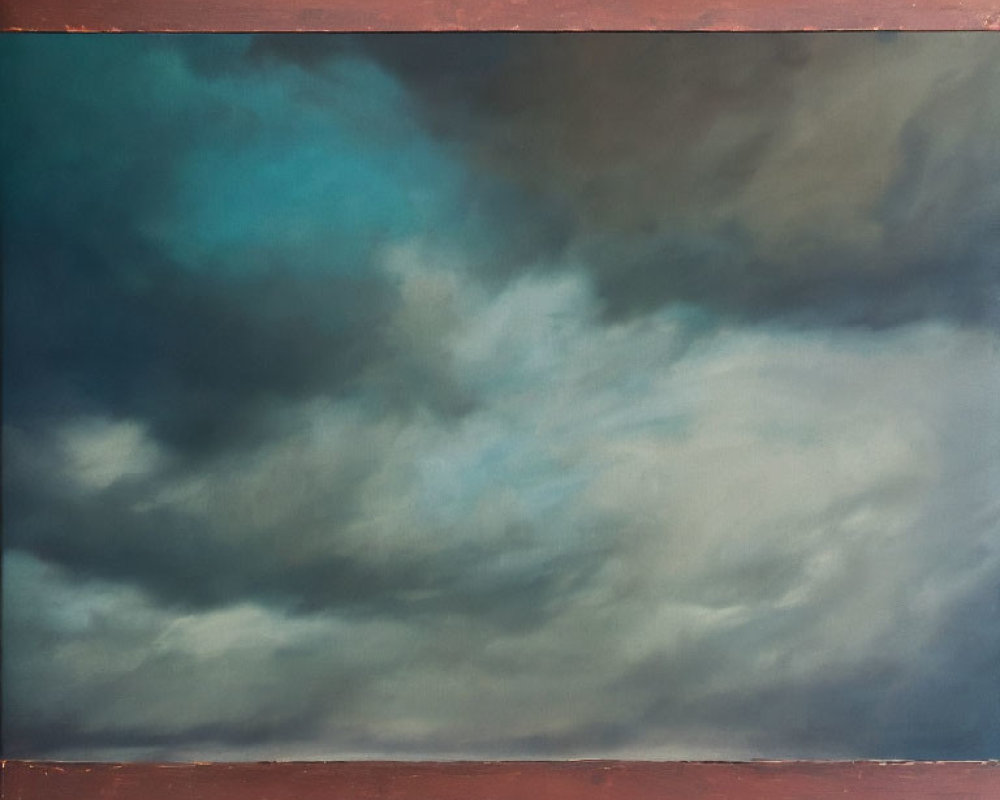 Dramatic skyscape painting with swirling blue, teal, and gray clouds