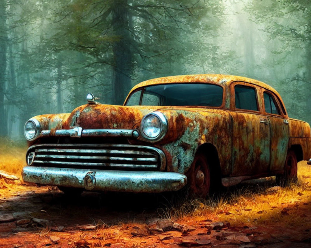 Abandoned rusty car in misty forest with sunlight filtering through trees