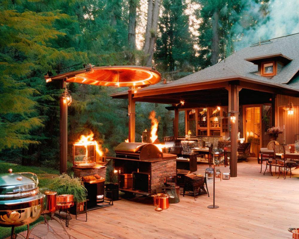 Outdoor Kitchen with Grill and Fire Torches on Wooden Deck Among Tall Trees at Dusk