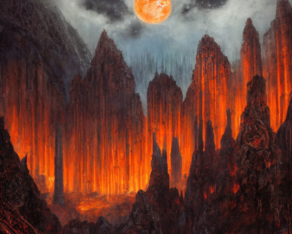 Fiery volcanic landscape under red moon.