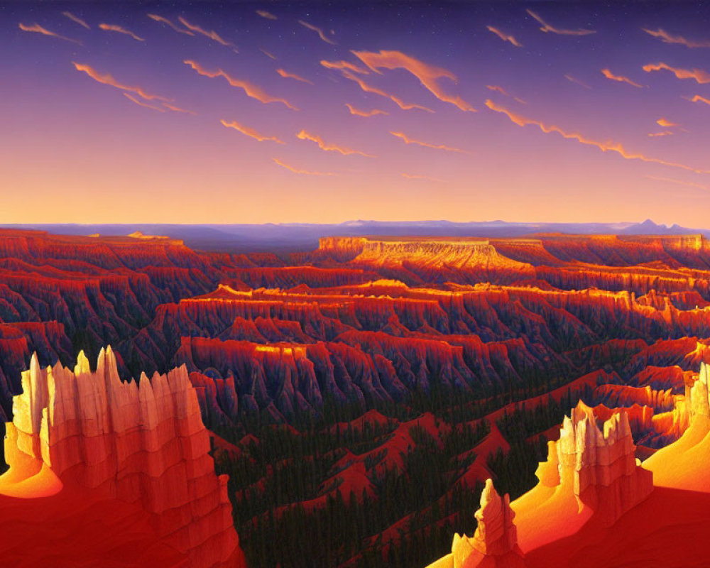 Scenic sunset over vast canyon with orange and red rock formations