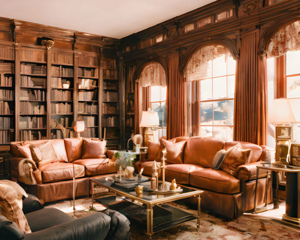 Traditional library with leather sofas, wooden bookshelves, and cozy ambiance