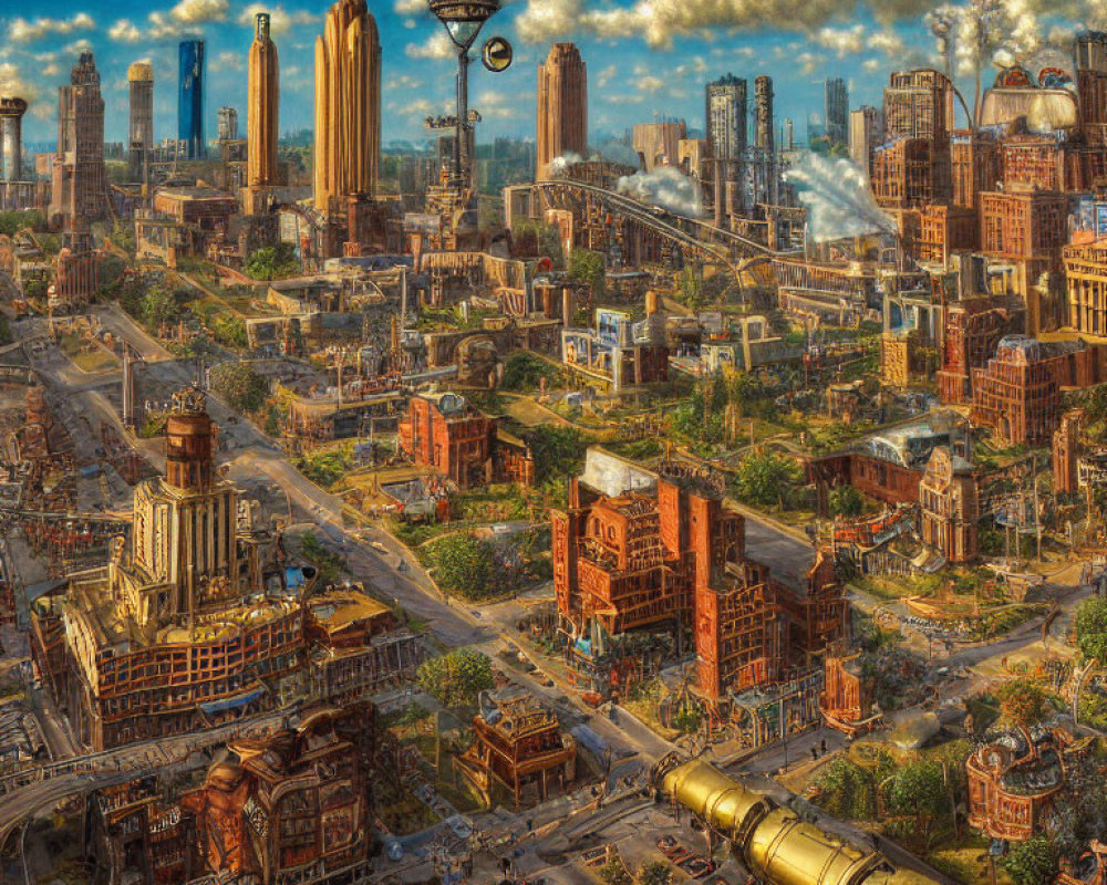 Steampunk cityscape with skyscrapers, airships, vintage and futuristic architecture under vivid sky