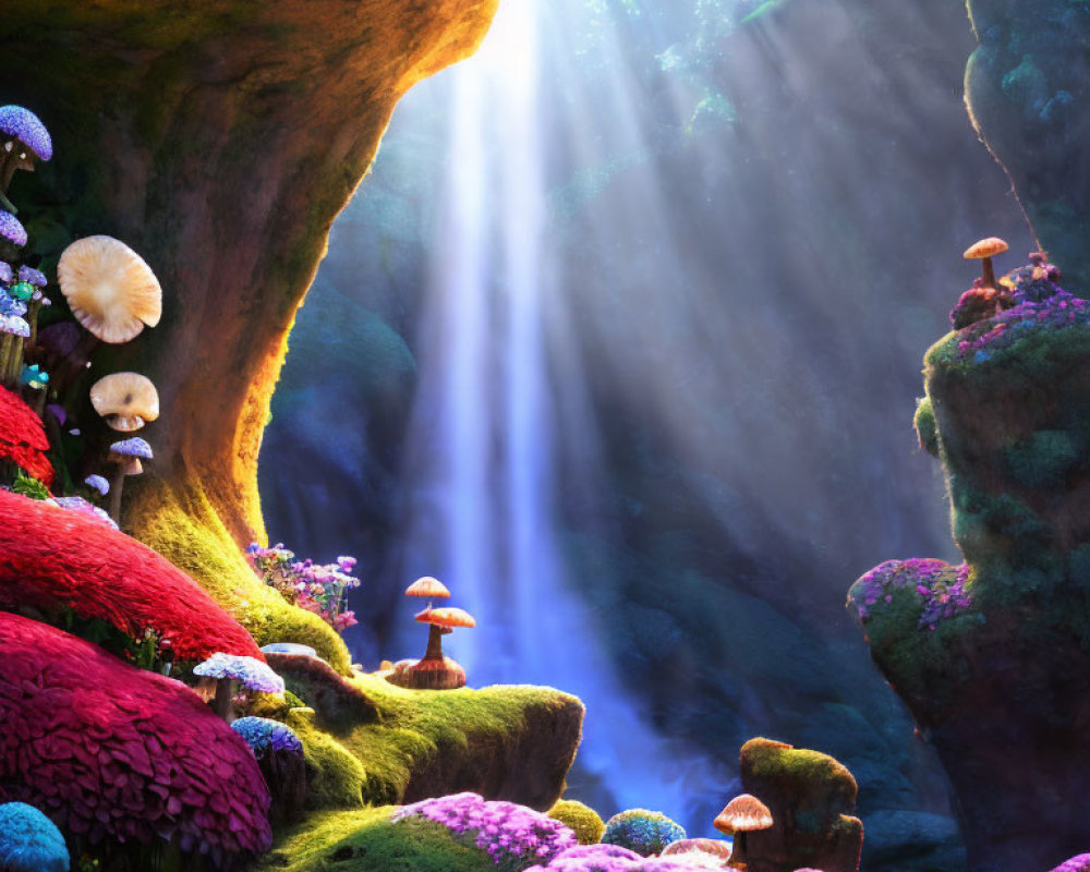 Colorful oversized mushrooms in vibrant enchanted forest scene