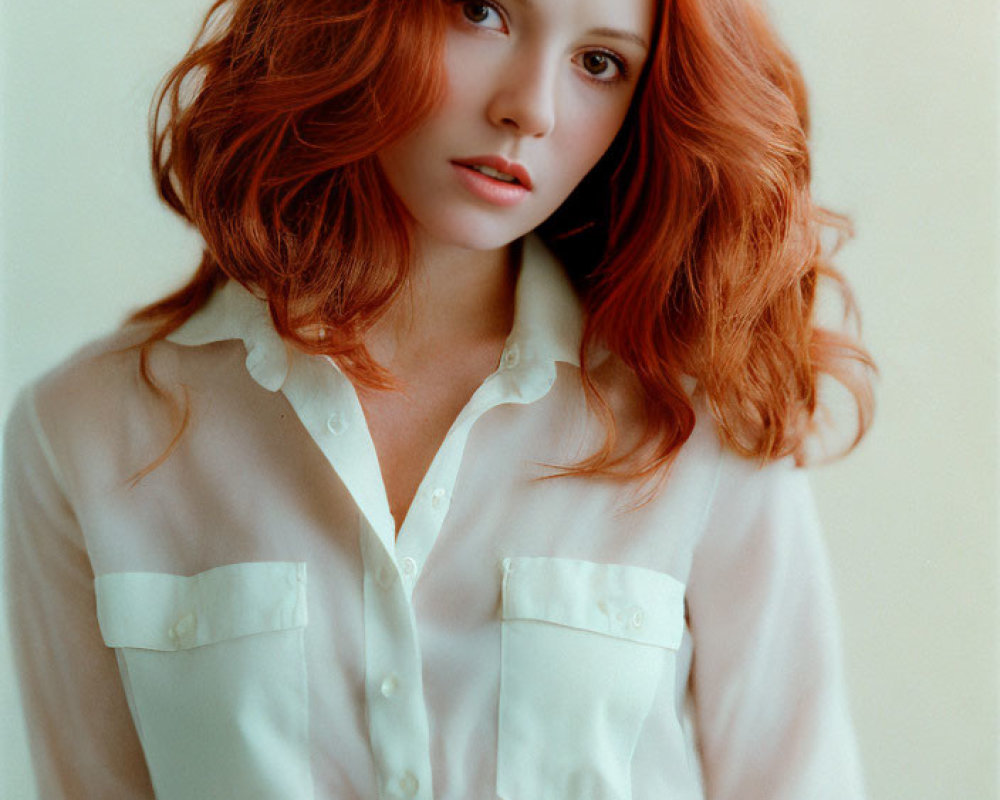 Vibrant red-haired woman in white shirt on beige background