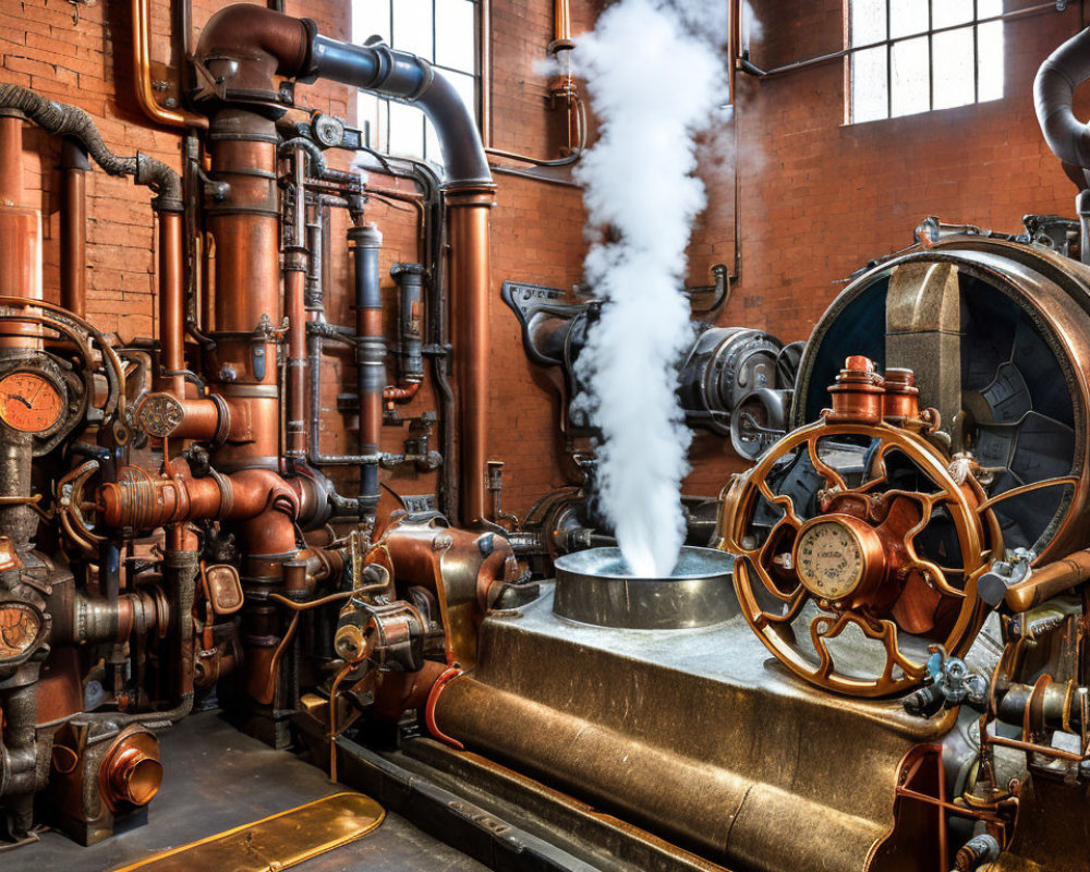 Industrial steam engine room with copper pipes, valves, large wheel, gauges, and steam leak against