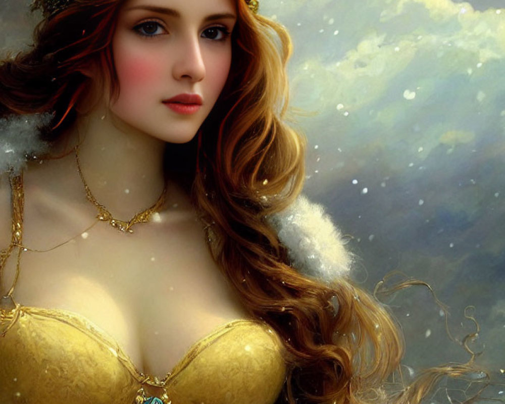 Digital Painting: Woman with Auburn Hair and Golden Headpiece