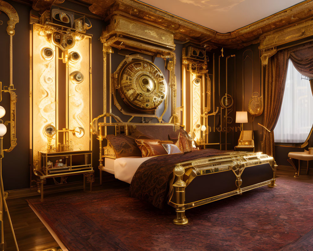 Opulent bedroom with gold accents, elegant clock, plush bedding, classical design elements