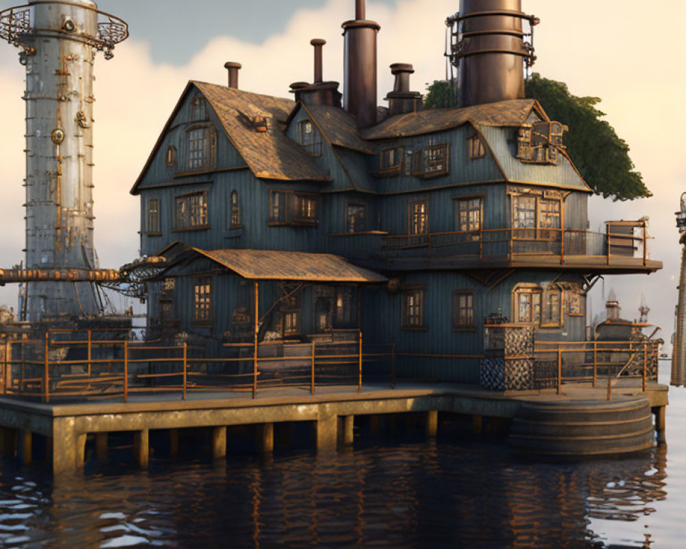 Rustic waterfront house with balconies and chimneys, industrial tower against evening sky