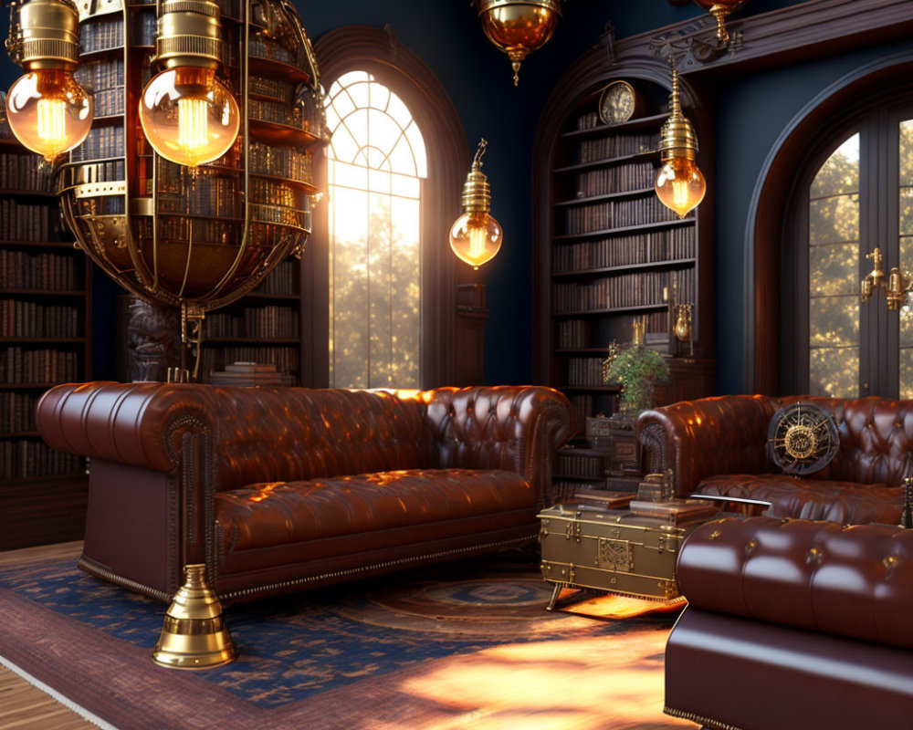 Vintage library with leather sofas, brass lamps, wooden bookshelves, books, and warm lighting