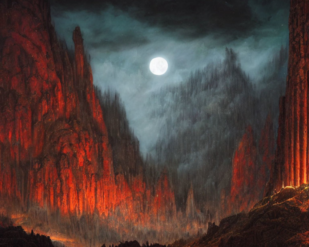 Dramatic full moon over fiery red cliffs at night