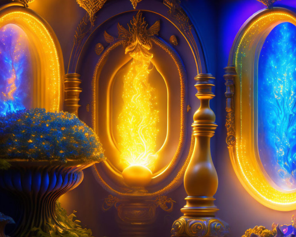 Fantasy-themed room with golden decorations, magical portals, and blue flowers