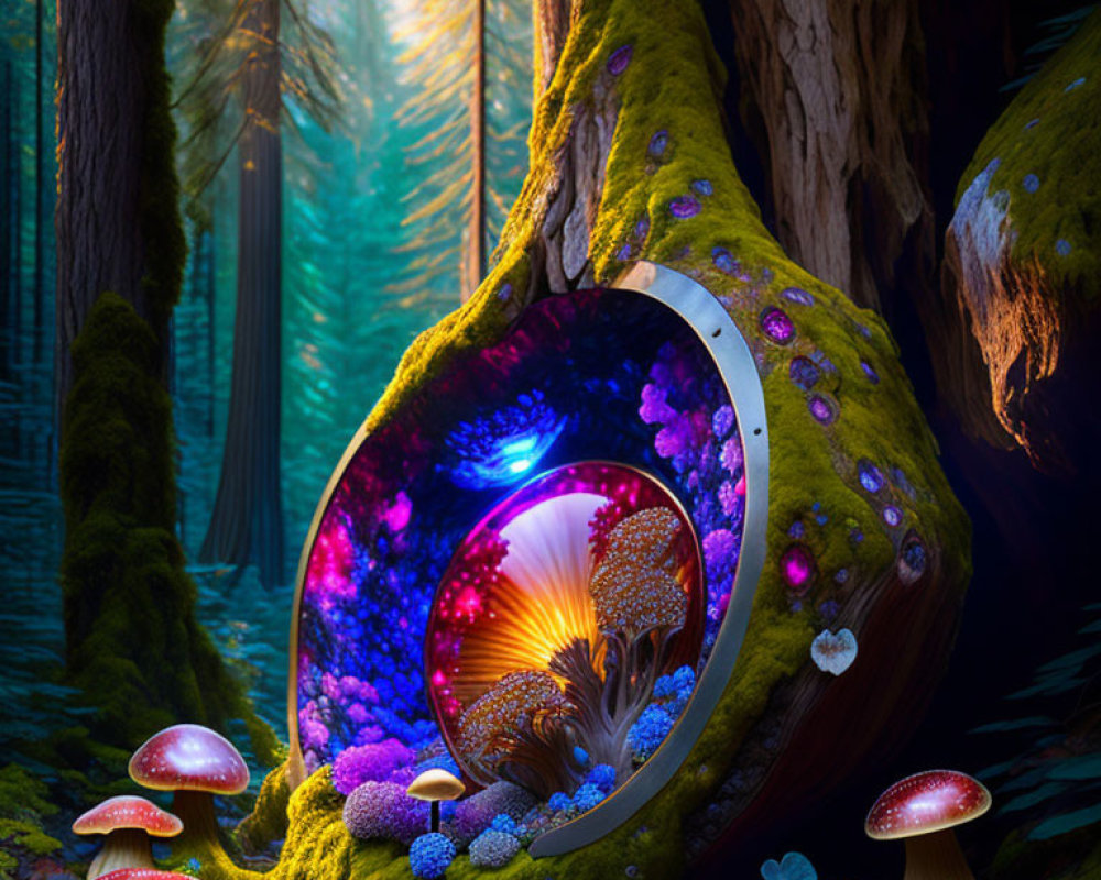 Enchanting forest scene with mystical door, glowing mushrooms, colorful plants