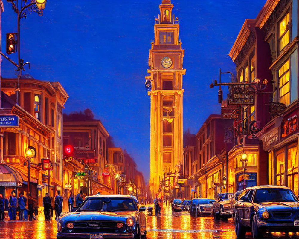 Twilight city street with illuminated buildings, clock tower, cars, and pedestrians