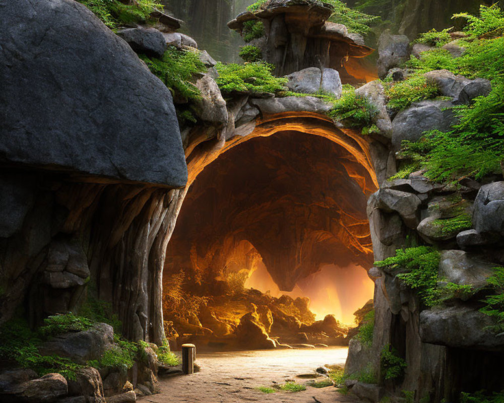 Mystical forest scene with rock archway and lush greenery