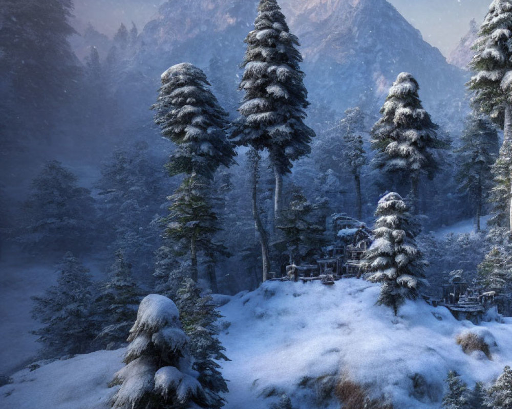 Serene wintry mountain landscape with snow-covered pine trees