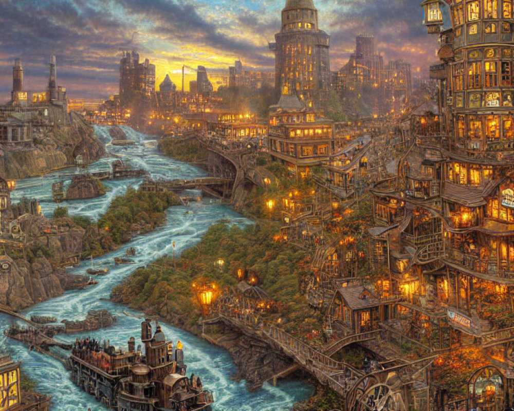 Detailed Steampunk Cityscape at Sunset with Illuminated Buildings