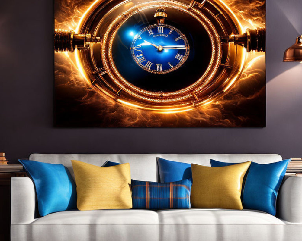 Modern Living Room with White Sofa, Blue and Yellow Pillows, and Imaginative Clock Wall Art