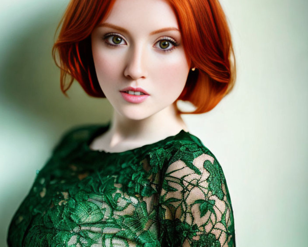 Red-haired woman in green lace dress with fair skin and captivating gaze