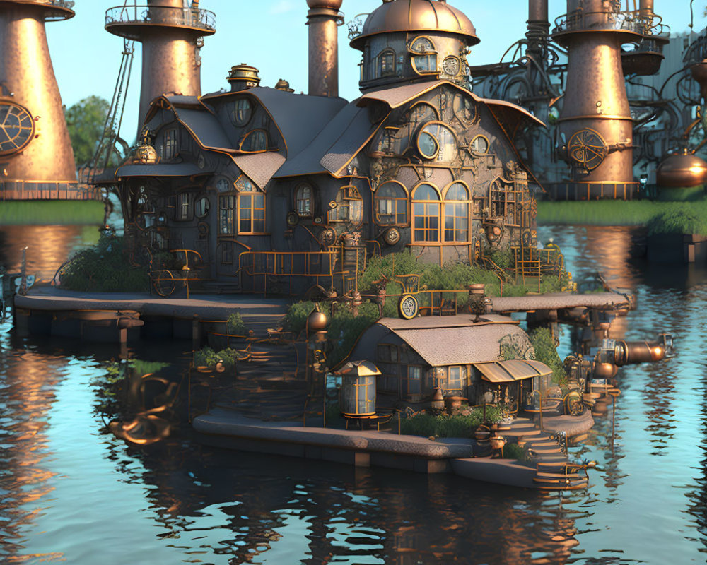 Steampunk-style house on water with round windows and industrial backdrop