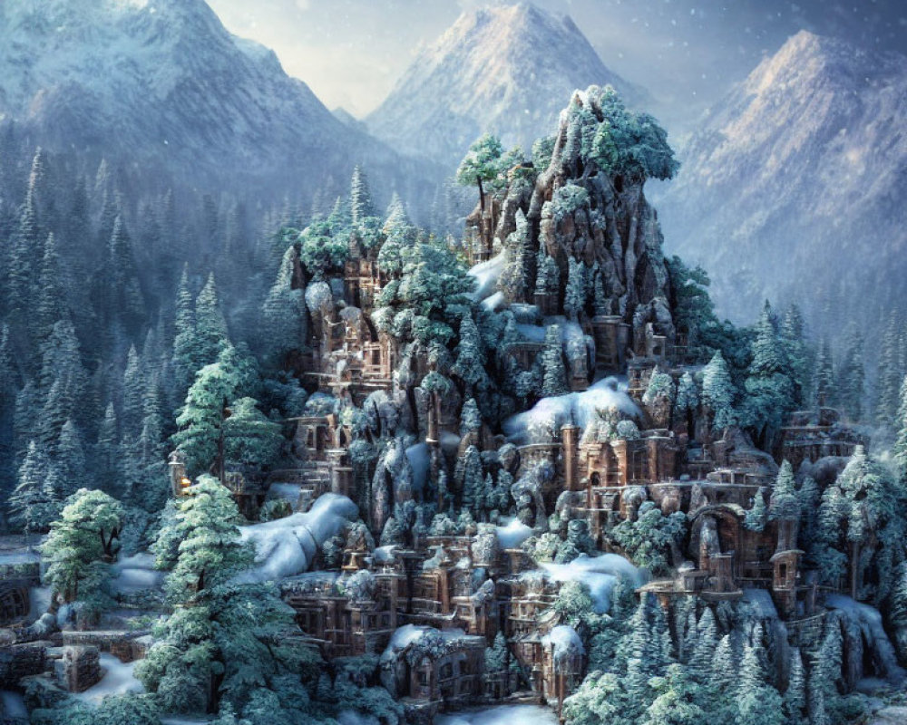 Snow-covered stone temple in frosty forest with snow-capped mountains