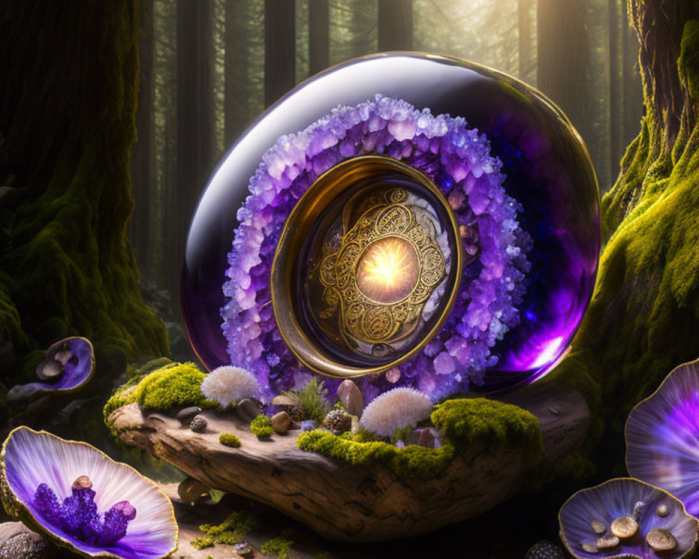 Mystical illuminated geode in forest setting with crystals