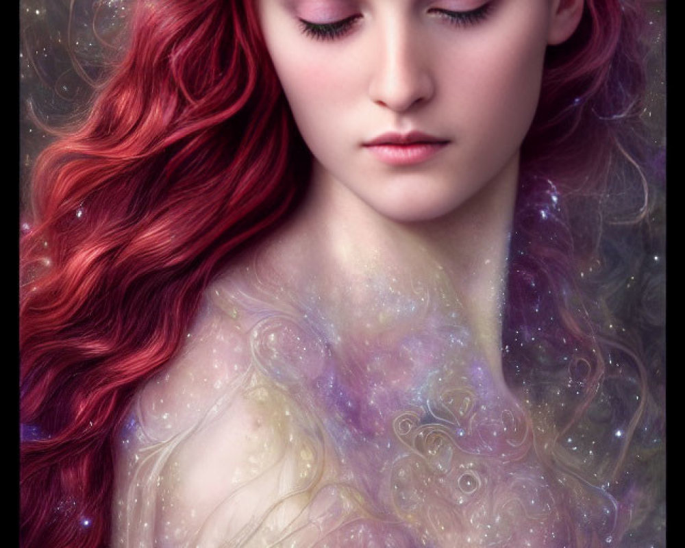 Vibrant red-haired woman in cosmic gown and leafy crown