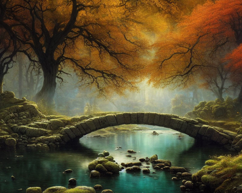 Stone arch bridge over tranquil stream in mystical autumn forest