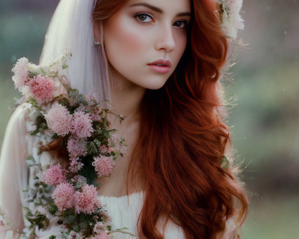 Woman with Long Red Hair in Floral Headpiece Surrounded by Pink Blossoms