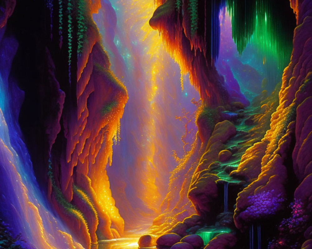 Colorful Cave with Waterfalls and Glowing Flora in Fantasy Landscape