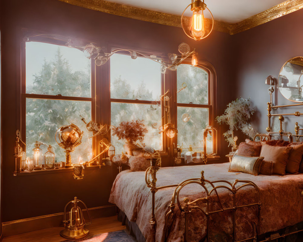 Vintage iron bed with warm lighting & glass terrariums in cozy bedroom