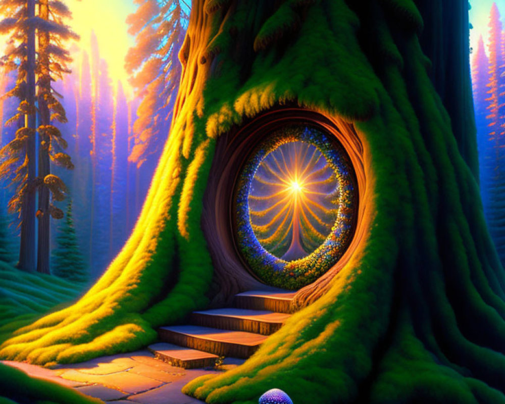 Mystical tree with glowing portal in lush forest at sunset