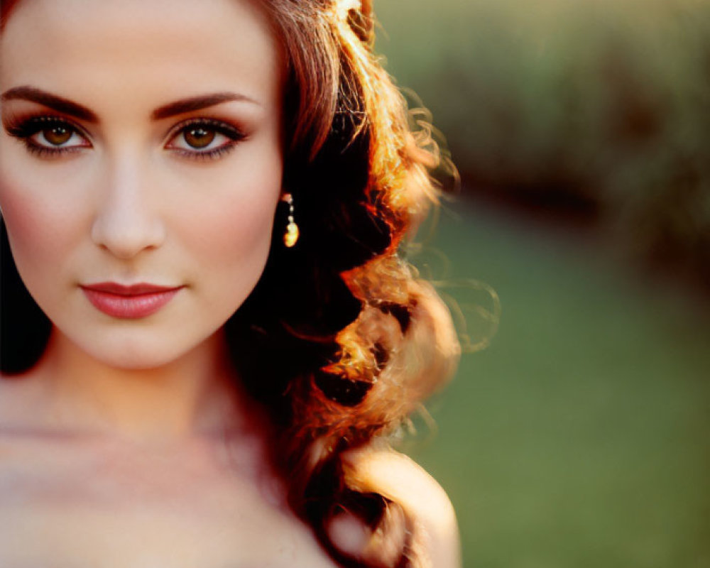 Woman with elegant makeup and golden dress in warm sunset glow