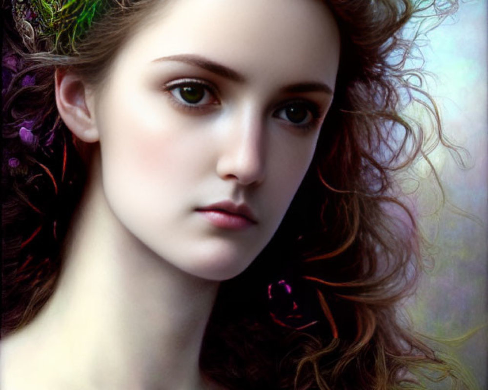 Young woman with curly hair wearing ornate crown in dreamy portrait