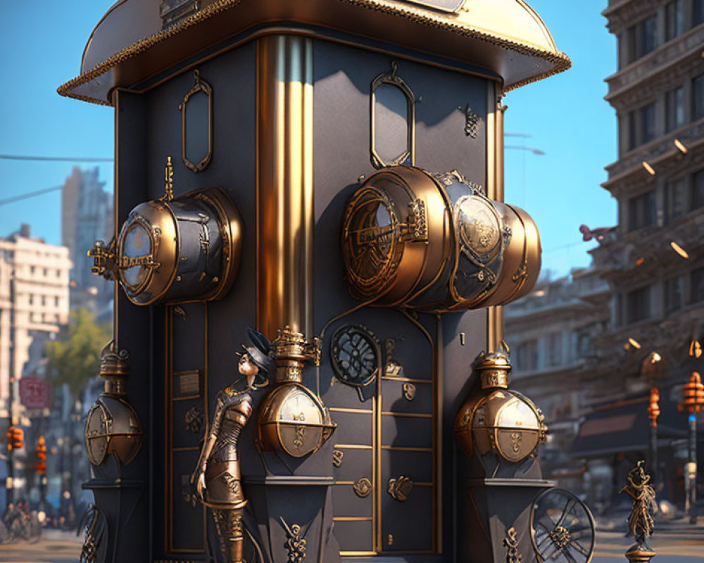 Steampunk-style mechanical structure with clocks and gears on city street.