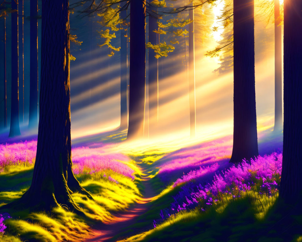 Sunlit Forest Path with Purple Flowers: A Dreamlike Scene