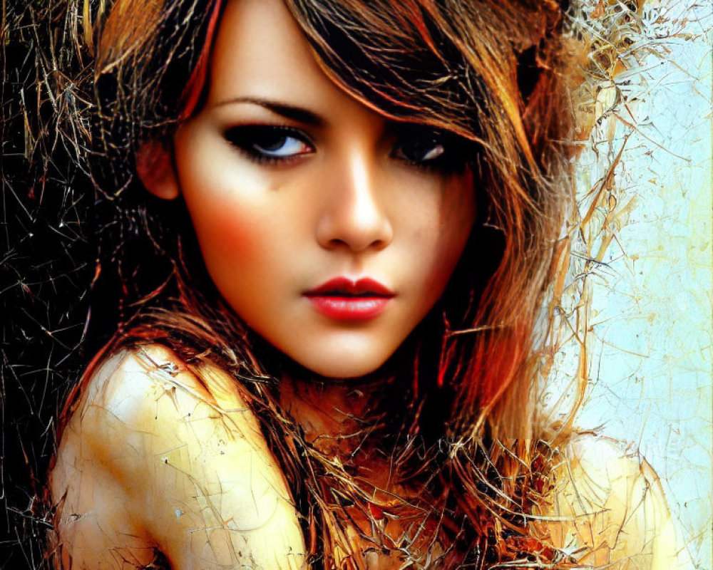 Digital artwork of a woman with striking eyes and brown hair, textured overlay for a natural look