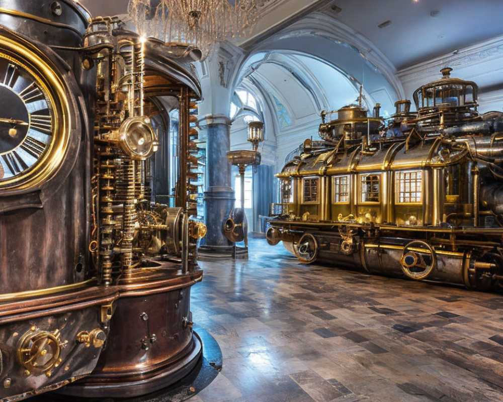 Steampunk-style brewery with polished brass equipment in elegant room