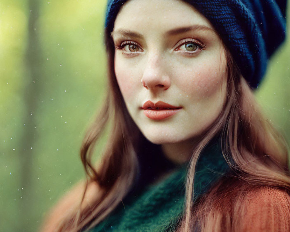 Freckled woman in blue hat and green scarf with subtle smile in blurred greenery background