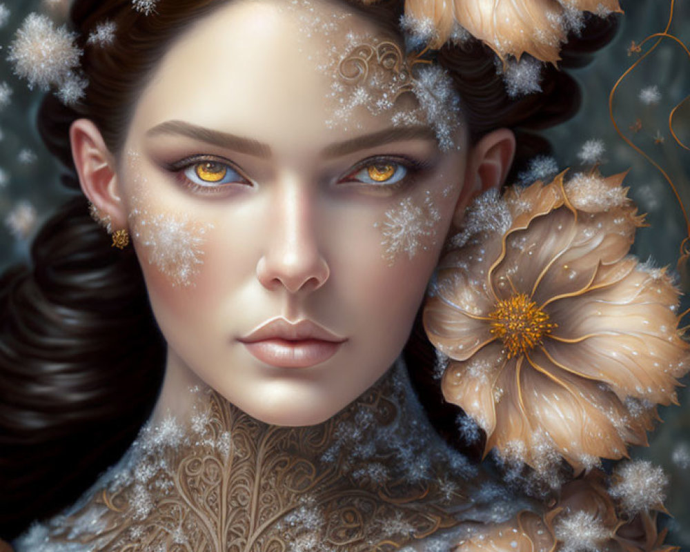 Detailed Winter Woman Illustration with Snowflake Adornments and Golden Eyes