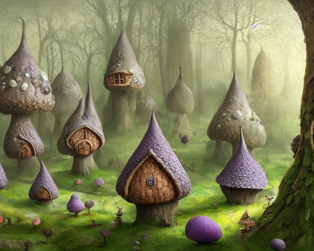 Whimsical mushroom houses in enchanted forest scenery