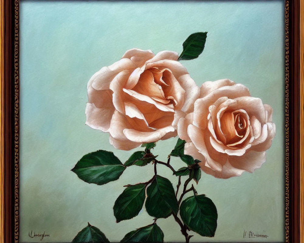 Realistic Pale Pink Roses Painting on Light Blue Background