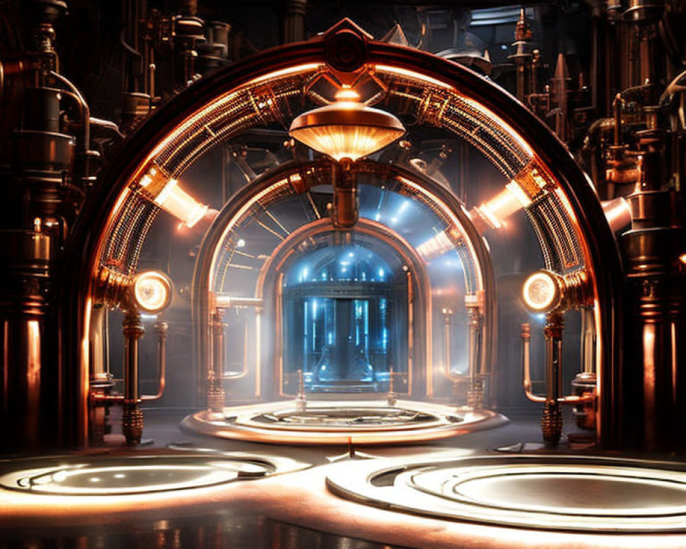 Futuristic illuminated chamber with orange accents and metallic pipes